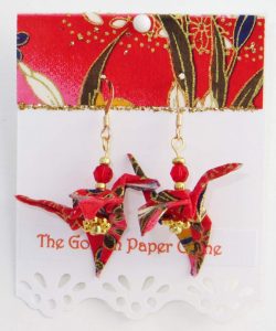 Paper Crane earrings on red washi paper